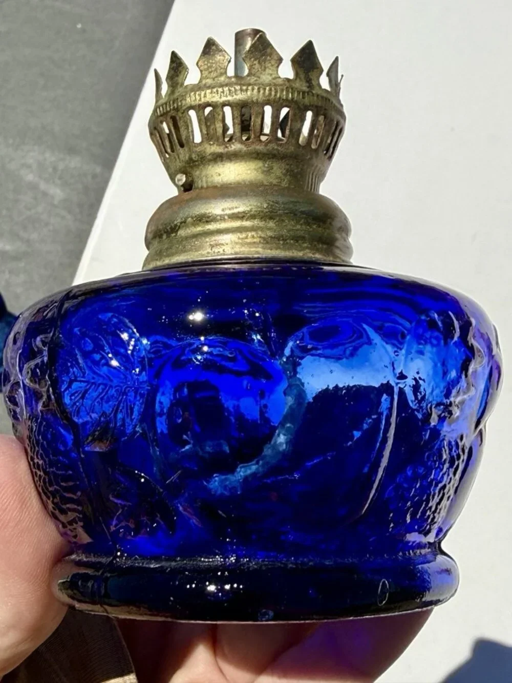 Vintage Cobalt Blue Glass Finger Oil Lamp Fruit Base & Ruffled Chimney Hong Kong